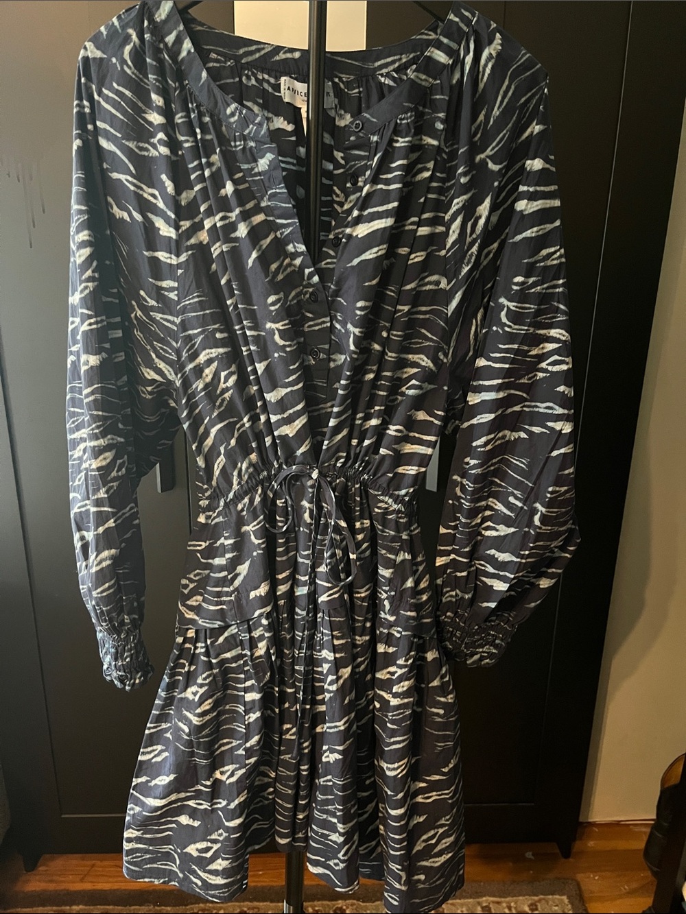 Apiece Apart Navy and White Abstract Print Drawstring Long Sleeve Dress